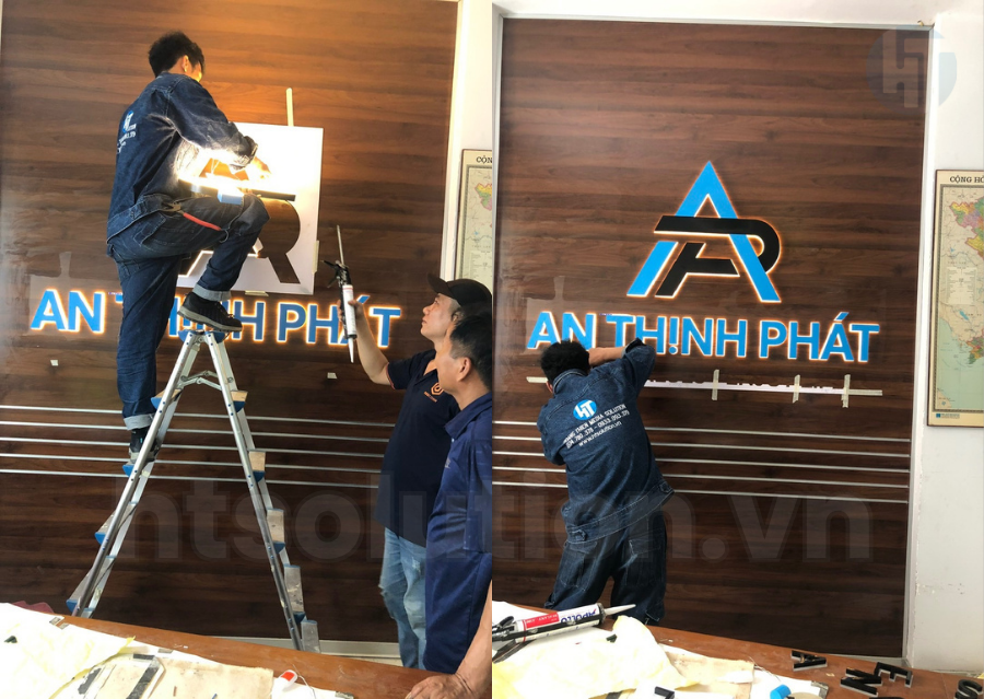 bộ chữ inox sơn đèn sáng chân gỗ mdf